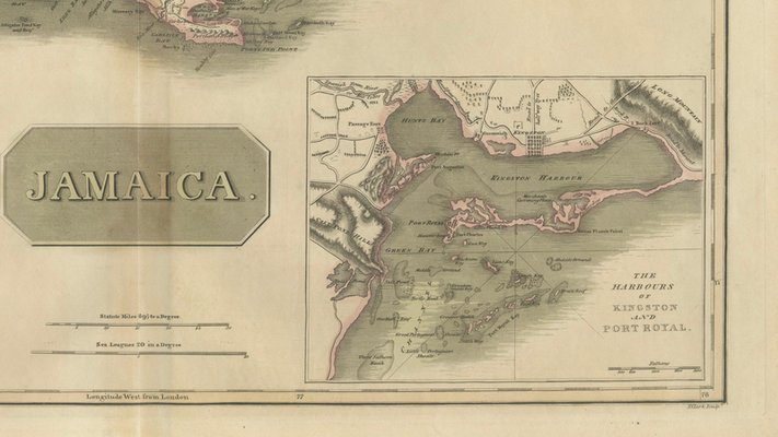 Jamaica Map by John Thomson, Kingston & Port Royal Harbors, 1817