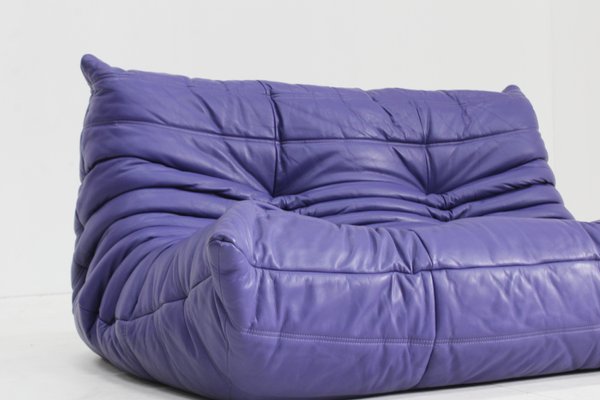 Vintage Purple Leather Togo 2-Seater Sofa from Ligne Roset, 1990s