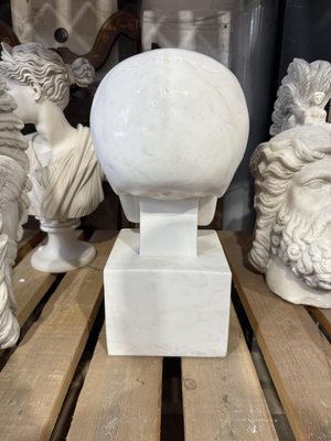 Hand-Carved Skull Sculpture on Square Plinth, White Marble for