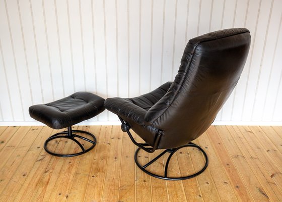 Mid-Century Norwegian Black Leather Stressless Lounge Chair and
