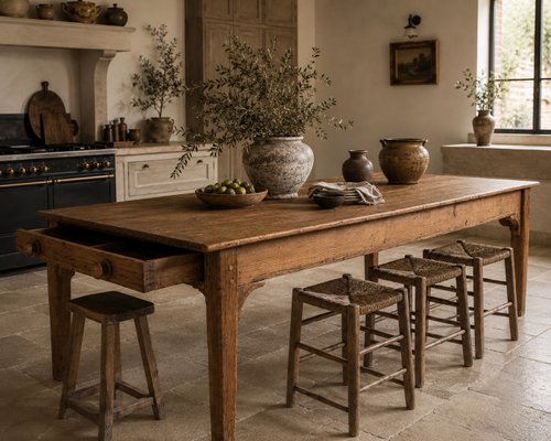 French Provincial Pine Harvest Table with Drawers, 19th Century