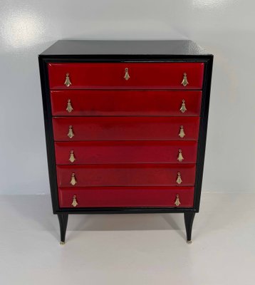 Italian Art Deco Cherry Red Parchment and Black Lacquered Chest of Drawer, 1950s Italian Art Deco Cherry Red Parchment and Black Lacquered Chest of Drawer, 1950s
