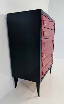 Italian Art Deco Cherry Red Parchment and Black Lacquered Chest of Drawer, 1950s for sale at Pamono Italian Art Deco Cherry Red Parchment and Black Lacquered Chest of Drawer, 1950s for sale at Pamono