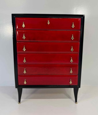 Italian Art Deco Cherry Red Parchment and Black Lacquered Chest of Drawer, 1950s Italian Art Deco Cherry Red Parchment and Black Lacquered Chest of Drawer, 1950s