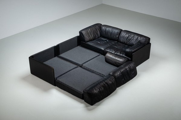 Model DS76 Modular Sofa in Black Leather from de Sede, 1970, Set Model DS76 Modular Sofa in Black Leather from de Sede, 1970, Set