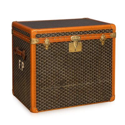 フランスヴィンテージ籠 Antique French Hat Trunk in Chevron Canvas from Goyard, Paris