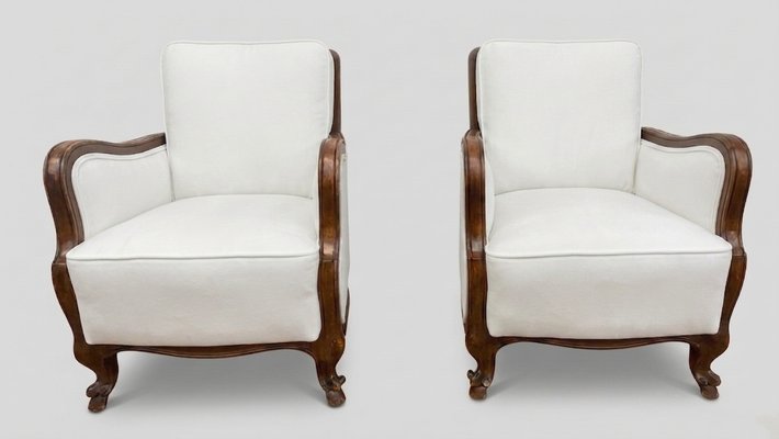 Klassische italienische Sessel mit weißem Bezug, 1920er, 2er Set bei Pamono kaufen