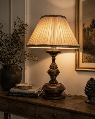 その他 50s wood lamp Antique 19th Century Turned Wood Table Lamp with Pleated Lampshade
