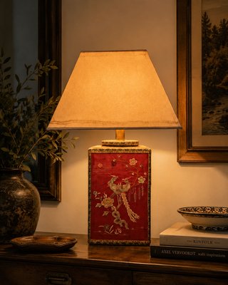 フロアスタンド Antique oriental table lamp Vintage Oriental Table Lamp with Embroidered Silk Panels, 1960s