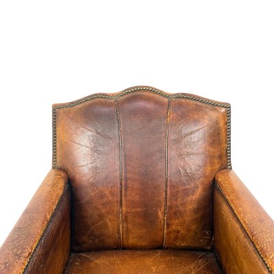 Antique French Moustache Cognac Leather Club Chair, 1920s for sale