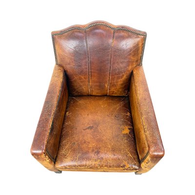 Antique French Moustache Cognac Leather Club Chair, 1920s for sale