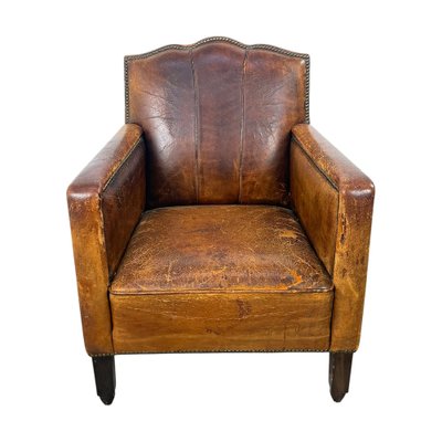 Antique French Moustache Cognac Leather Club Chair, 1920s for sale