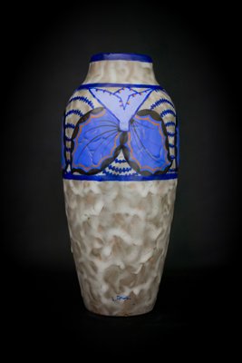「Dugue/デュゲ」Art Deco Vase1930年台(France) Art Deco Glazed Stoneware Vase with Butterfly Decor by Louis Dage