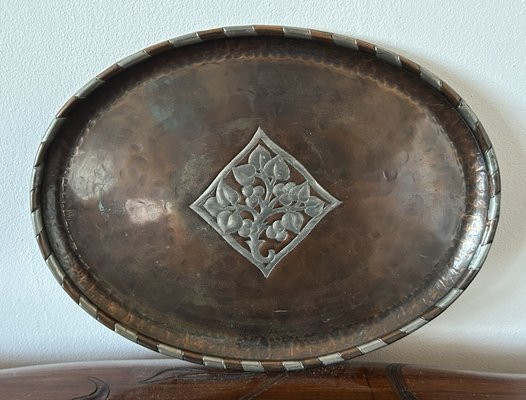Arts & Crafts Oval Hammered Copper and Pewter Tray by Hugh Wallis