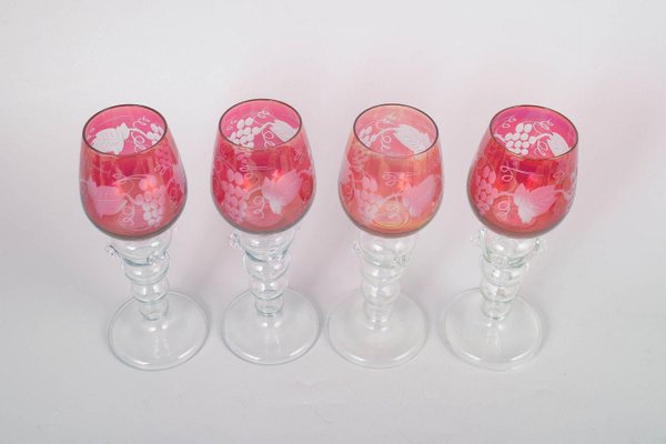 Bohemian Crystal Red Wine Glasses with Flowers and Grapes Motif, 1940s, Set  of 4 for sale at Pamono