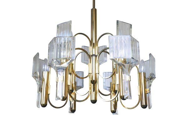 Vintage Brass and Crystal 9-Light Chandelier by Gaetano Sciolari
