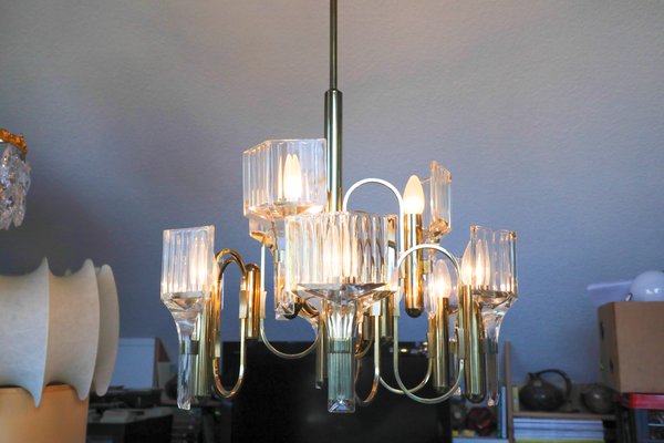 Vintage Brass and Crystal 9-Light Chandelier by Gaetano Sciolari