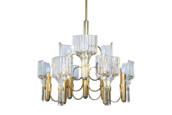 Vintage Brass and Crystal 9-Light Chandelier by Gaetano Sciolari