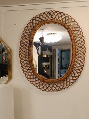 Oval Rattan and Bamboo Wall Mirror attributed to Franco Albini