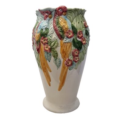 Portuguese Majolica Vase with Parrots, 1960s for sale at Pamono