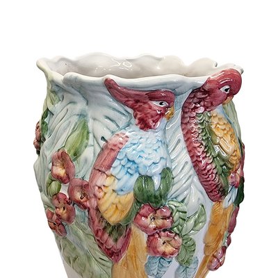 Portuguese Majolica Vase with Parrots, 1960s for sale at Pamono