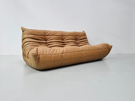 French Togo 3-Seater Sofa in Camel Leather attributed to Michel