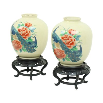 Japanese Vases Peacock Flowers Crackle in Ceramic, 1960s, Set of 2