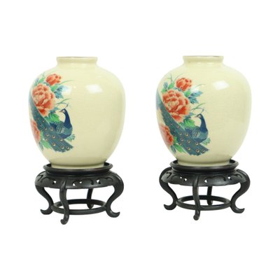 Japanese Vases Peacock Flowers Crackle in Ceramic, 1960s, Set of 2