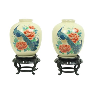 Japanese Vases Peacock Flowers Crackle in Ceramic, 1960s, Set of 2
