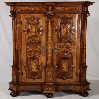 Antique Baroque Walnut Cabinet with Pilasters, Corinthian Capitals