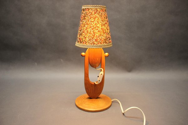 Mid-Century Adjustable Wooden Table Lamp with Floral Shade