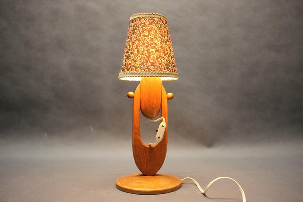 Mid-Century Adjustable Wooden Table Lamp with Floral Shade