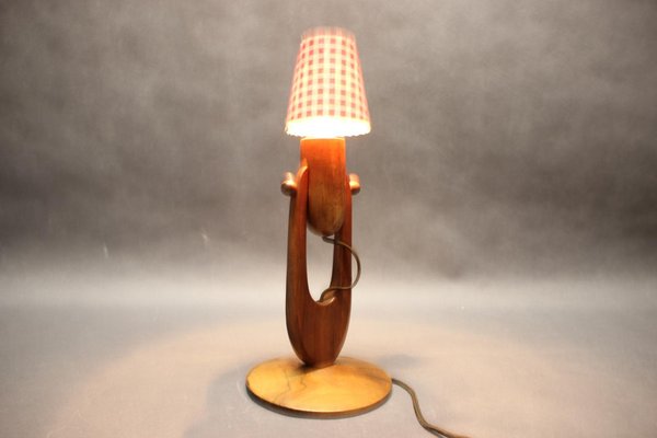 Mid-Century Adjustable Wooden Table Lamp with Checkered Shade