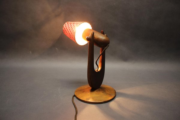 Mid-Century Adjustable Wooden Table Lamp with Checkered Shade