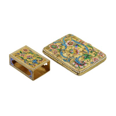 decorative cigarette cases Silver Cigarette Case and Matchbox with Cloisonné Enamel by V. Akimov,,  Moscow, 1900s, Set of 2