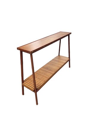 Vintage Stitched Leather and Oak Shelf by Jacques Adnet, 1950s for
