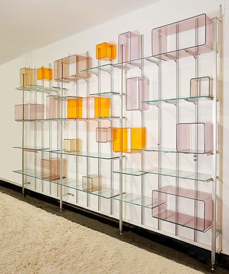 Modulares Wandregal aus gebürstetem Metall, Glas und Acryl, 1960er bei Pamono kaufen