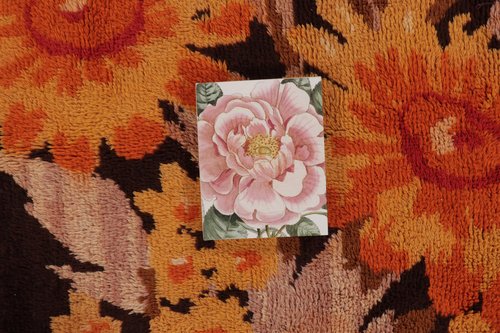 Vintage Turkish Square Rug with Saffron and Brown Floral Pattern