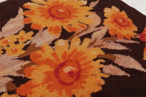 Vintage Turkish Square Rug with Saffron and Brown Floral Pattern