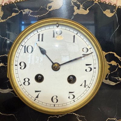 Large Art Deco Table Clock in Pink Marble, 1930s, Set of 3 for