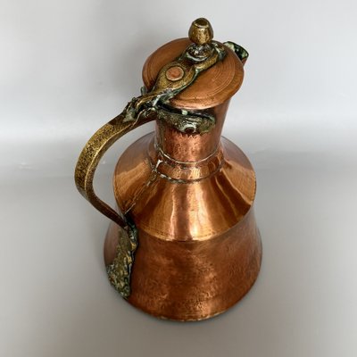 Georgian Hand-Hammered Copper Pitcher with Hinged Lid and Brass