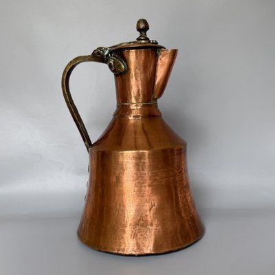 Georgian Hand-Hammered Copper Pitcher with Hinged Lid and Brass