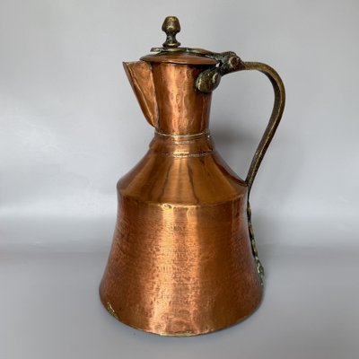 Georgian Hand-Hammered Copper Pitcher with Hinged Lid and Brass