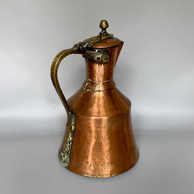 Georgian Hand-Hammered Copper Pitcher with Hinged Lid and Brass