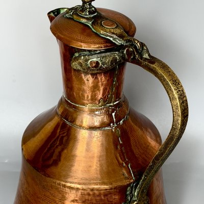 Georgian Hand-Hammered Copper Pitcher with Hinged Lid and Brass