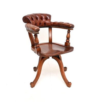 Antique Victorian Oak and Leather Swivel Desk Chair attributed to