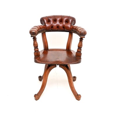 Antique Victorian Oak and Leather Swivel Desk Chair attributed to