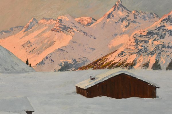 Lucien Quenard, Mountain Landscape with Snow-Covered Alps, Oil on