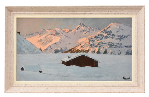 Lucien Quenard, Mountain Landscape with Snow-Covered Alps, Oil on