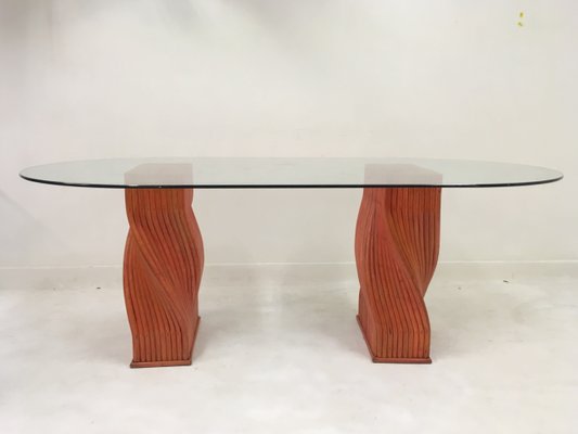 Roter Vintage Bambus Esstisch Mit Glasplatte Von Mcguire